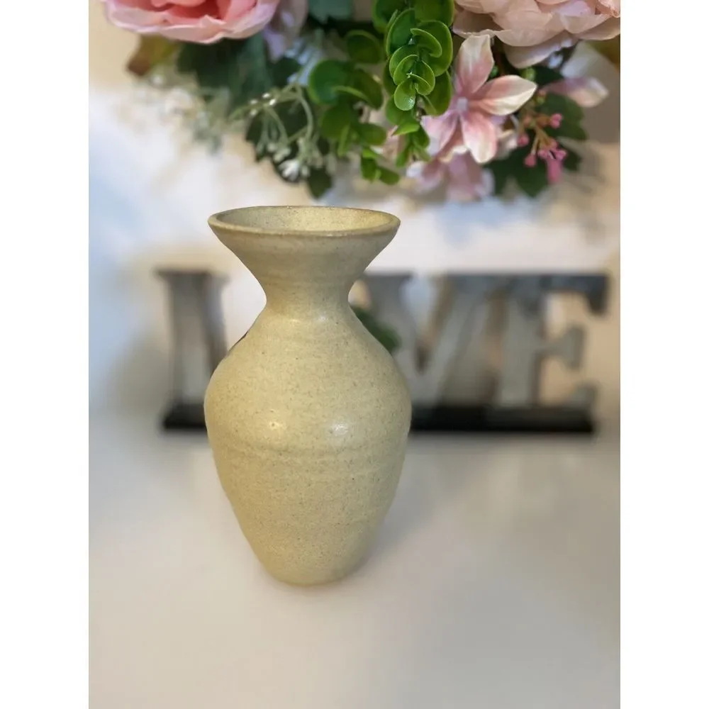 Vintage Hand Painted Stoneware Vase MCM‎ Signed Numbered Peach Design 6